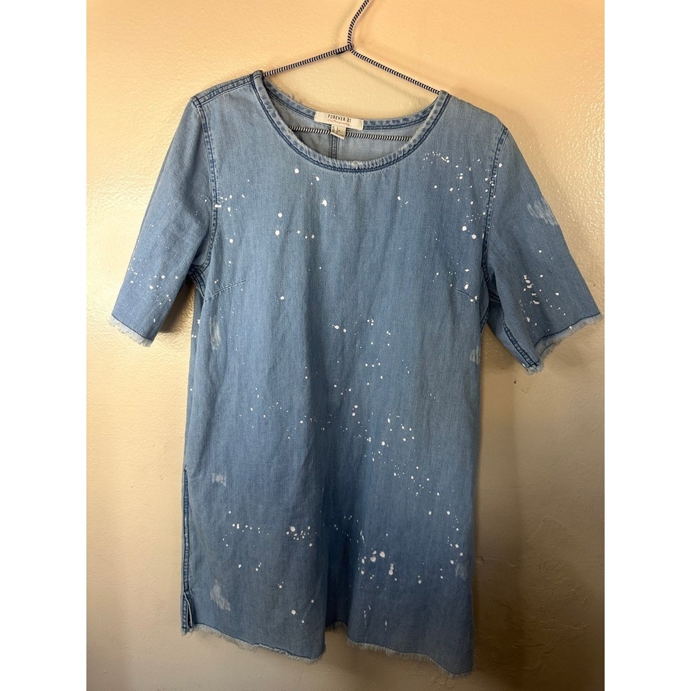 Forever 21 Denim Dress Tunic Top Raw Hem Short Sleeve Casual Blue Size L